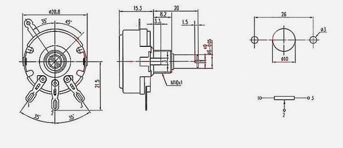 WH118-1A XH2.54 3P lineární potenciometr, briv