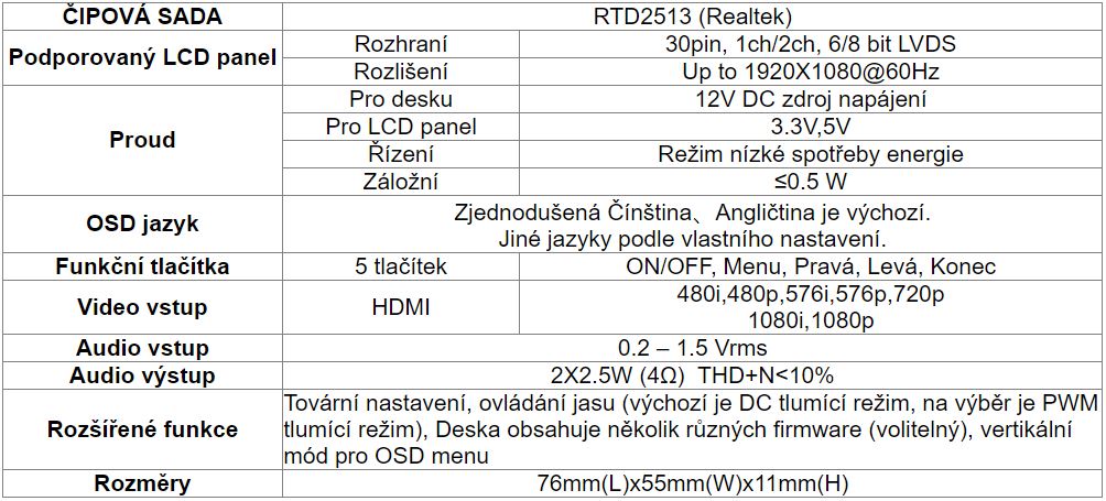 RTD2513 V1.0 LVDS HDMI řídicí deska displeje basic