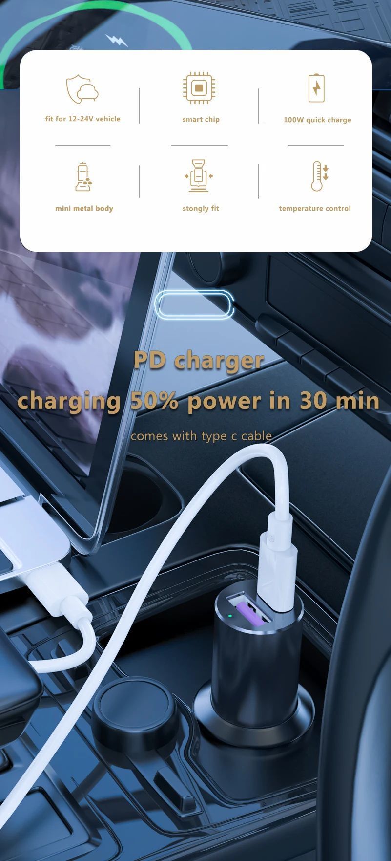 GC19 QP 100W rychlonabíječka do auta, USB-C - PD, USB-A QC3.0, briv