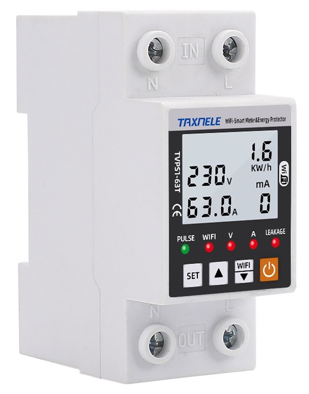 TVPS1-63T Tuya WiFi inteligentní přepěťová a podpěťová ochrana, jistič, časovač a elektroměr kWh, briv
