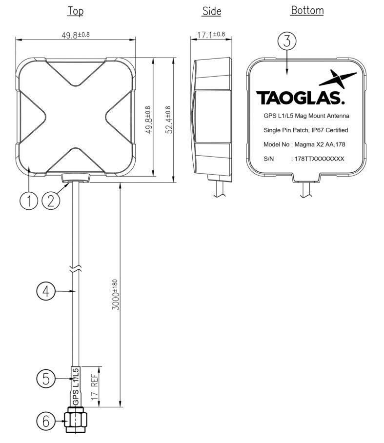 Taoglas AA.178 Magma X IP67, GPS externí anténa, L1/L5, briv