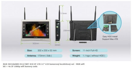 RGB-4H32AAW0-D12/JWT 4CH IP 1TB 11" LCD kamerový bezdrátový set - NVR wifi kit + 4x IP 1080p wifi kamery sada